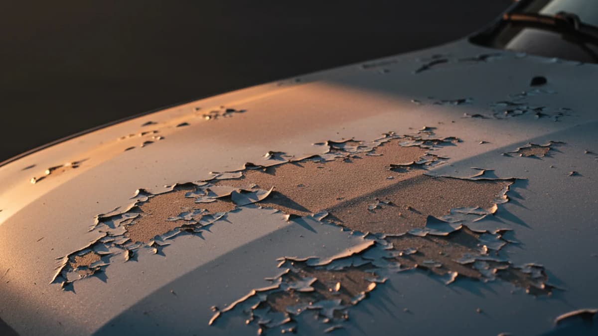 Close-up of a car hood showing chalky, peeling clear coat under harsh Mediterranean sun