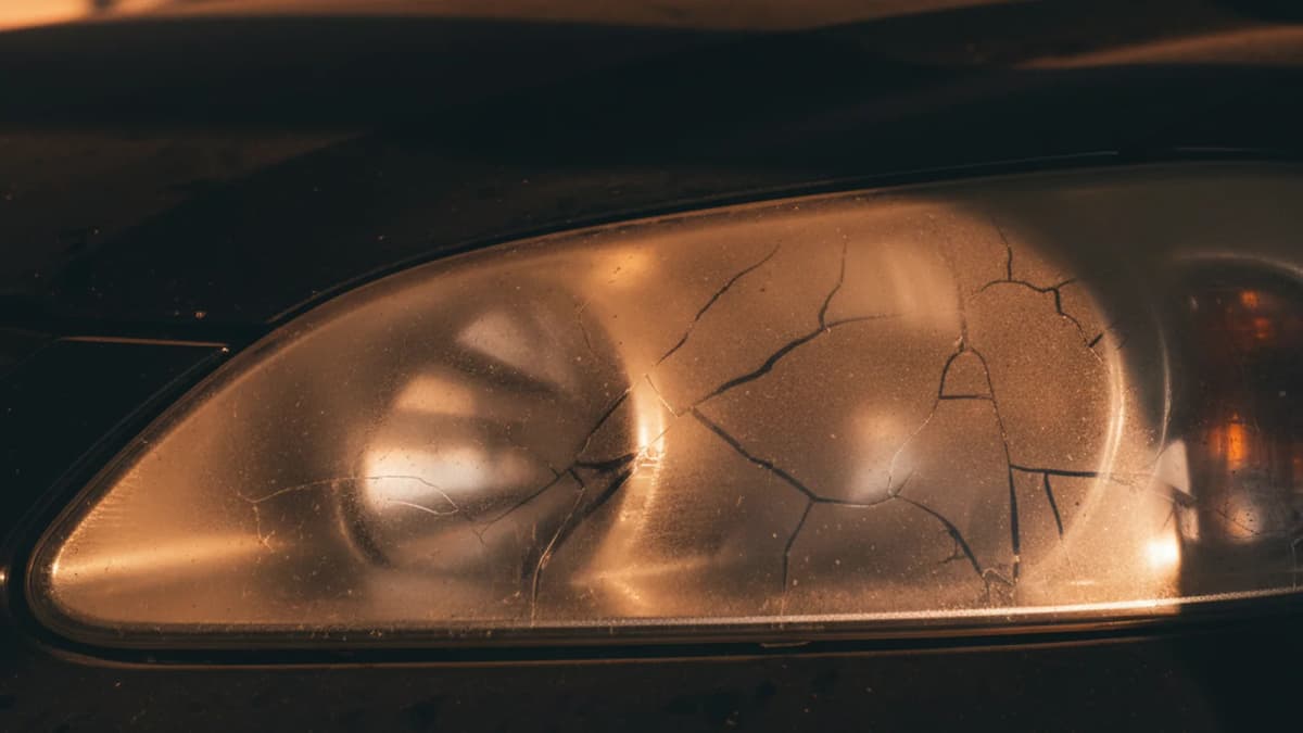 Close-up of a yellowed polycarbonate headlight lens under harsh Mediterranean afternoon sunlight, oxidised surface texture visible