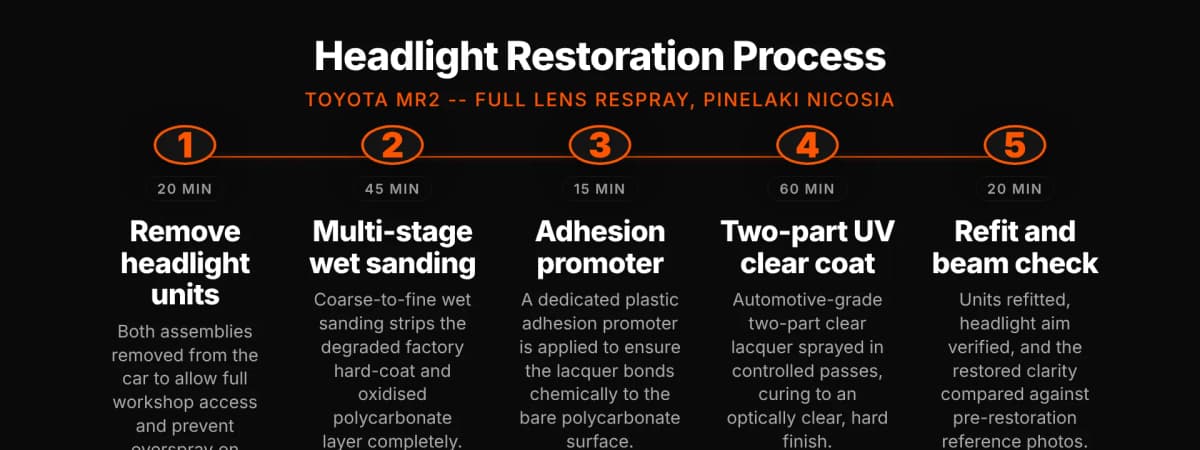 Five-stage Toyota MR2 headlight respray process at Pinelaki
