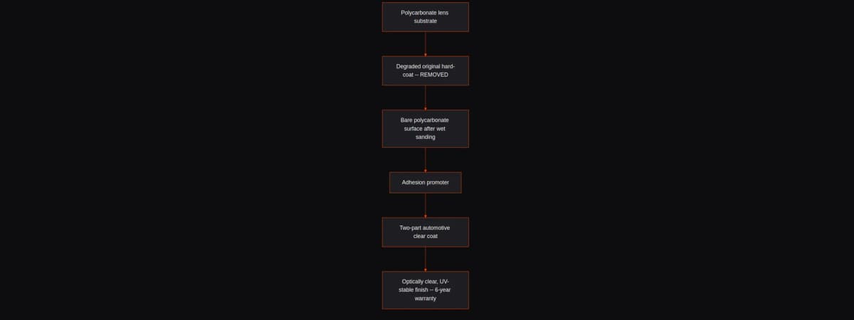 Diagram showing the layer stack on a restored headlight lens versus a degraded original