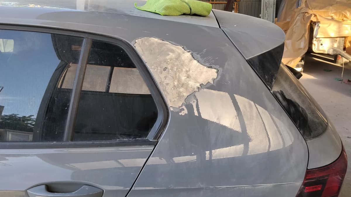 During: filler + primer pass, ready for paint