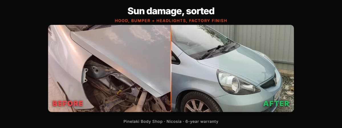 Real Pinelaki repair: Honda Jazz with sun-damaged hood, bumper and headlights, before and after multi-panel respray with 6-year warranty