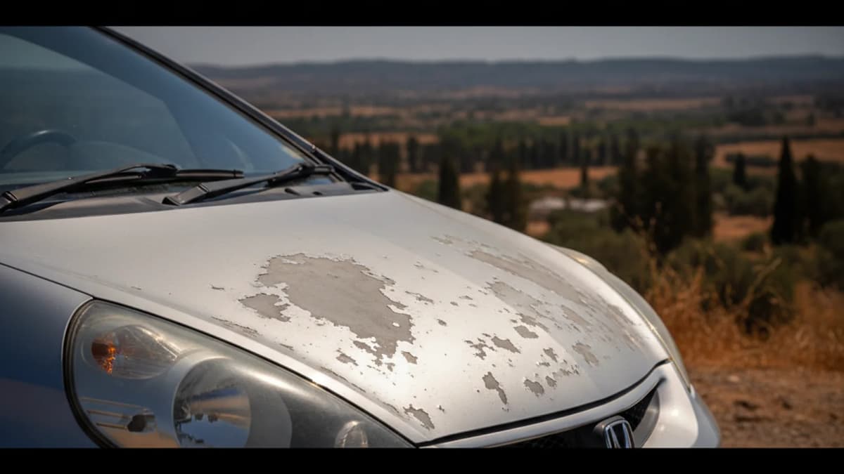 Silver Honda Jazz bonnet showing chalky sun-faded paint and peeling clear coat under Cyprus summer sun