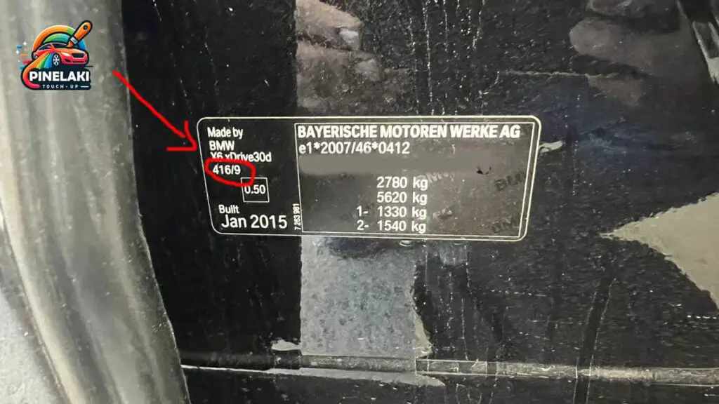 BMW X6 paint code panel showing the exact color code circled in red