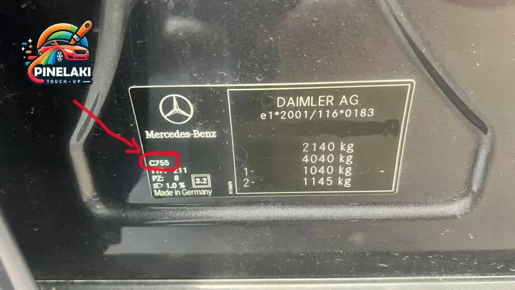 The panel showint the paint code for Mercedes E-Class